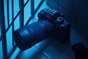 Camera resting near a window with soft blue lighting. photo
