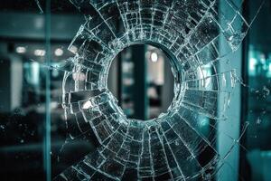 Close-up of a shattered glass pane with a circular hole. photo