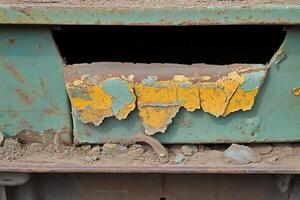 Close-up of peeling paint on a rusty metal surface. photo
