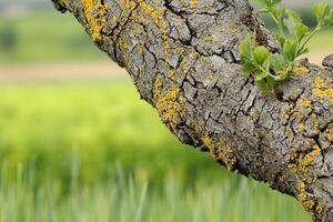 Close-up of textured tree bark with vibrant background. photo