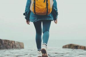 Person walking on a path by the water with a backpack. photo