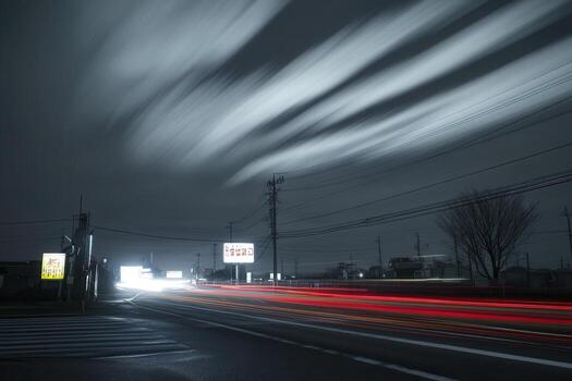 Nighttime urban scene with light trails and clouds. photo