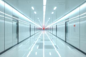 Futuristic corridor with bright lighting and doors. photo