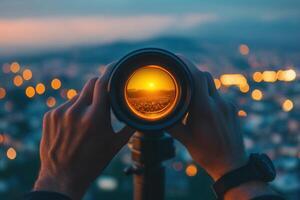 Hands holding a camera lens focused on a sunset. photo