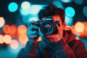Person holding a camera, capturing a nighttime scene. photo
