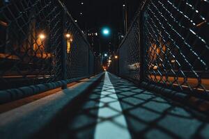 Nighttime urban scene with a fenced walkway and shadows. photo