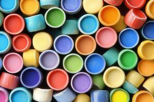 Colorful paint caps arranged in a vibrant pattern. photo