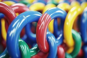 Colorful interlinked plastic chains in a playful arrangement. photo