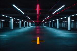 Dimly lit parking garage with colorful neon lights. photo