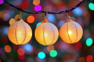 Decorative lanterns glowing against a colorful background. photo
