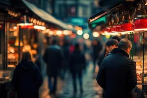 Evening market scene with people browsing stalls. photo