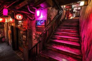 Dimly lit staircase in an eclectic urban space. photo