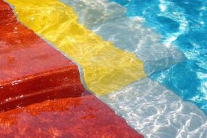 Colorful poolside with vibrant water reflections. photo