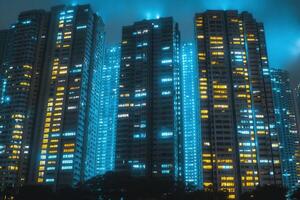 Nighttime cityscape with illuminated skyscrapers. photo