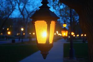 Illuminated street lamp glowing at dusk in a park. photo