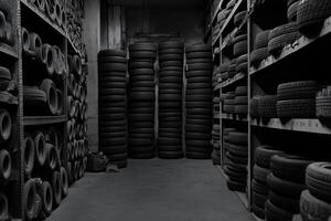 Dark storage area filled with stacked tires. photo