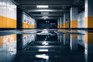 Empty underground parking lot with reflective water. photo