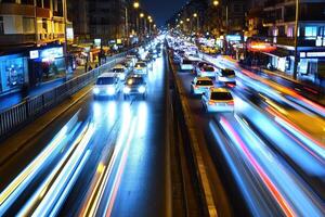 Nighttime city traffic with vibrant light trails. photo