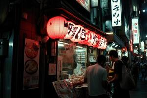 Nighttime street scene with lanterns and food vendors. photo