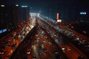 Nighttime urban traffic jam with illuminated skyline. photo
