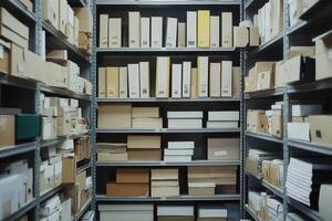 Organized storage room filled with various boxes. photo
