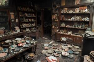 Dusty room filled with old plates and artifacts. photo