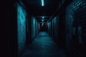 Dimly lit corridor with graffiti and neon lights. photo