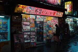 Nighttime storefront with colorful displays and signage. photo