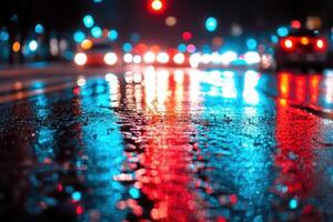 Nighttime street scene with colorful reflections. photo