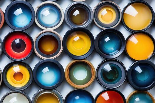 Colorful lenses arranged in a grid pattern. photo