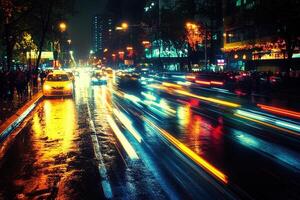 Nighttime city street with colorful light trails. photo