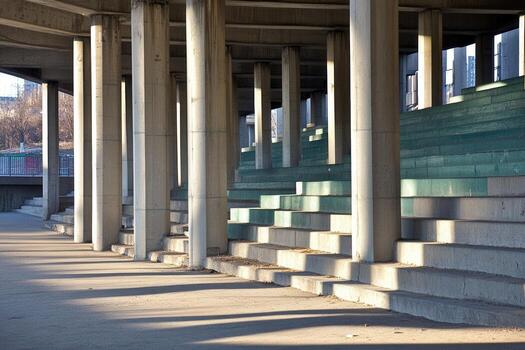 Concrete bleachers with pillars in a spacious area. photo