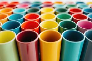Colorful cups arranged in a vibrant display. photo