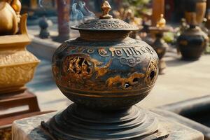 Ornate incense burner with smoke rising. photo