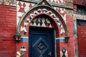 Ornate doorway with colorful geometric patterns. photo