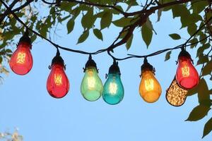 Colorful string lights hanging among green leaves. photo