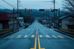 Empty street with traffic lights on a rainy day. photo