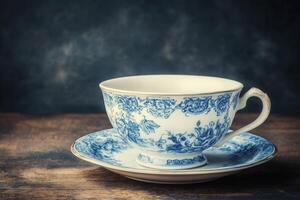 Elegant blue and white tea cup on a wooden surface. photo