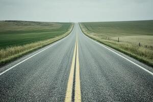 Long, empty road stretching through green fields. photo