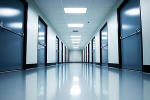 Long corridor with blue doors and polished floor. photo