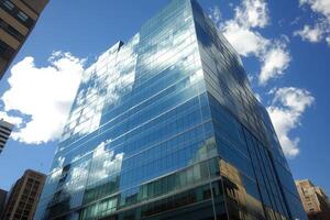 Modern glass building reflecting clouds in the sky. photo