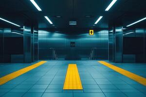 Modern elevator lobby with bright lighting and directional signs. photo