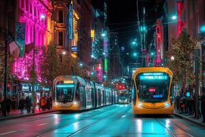 Nighttime city scene with vibrant trams and lights. photo