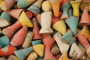 Colorful wooden game pieces scattered together. photo