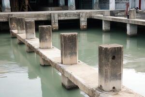 Concrete pier over calm water with vertical posts. photo