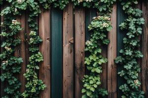 Lush green vines cascading over wooden fence panels. photo