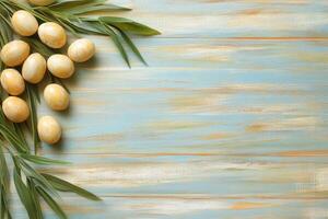 Easter-themed image with decorated eggs and leaves. photo