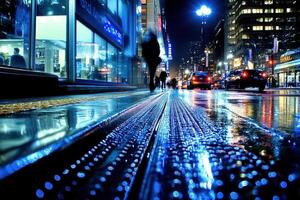 Nighttime urban scene with reflections on wet pavement. photo