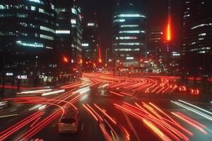 Nighttime cityscape with light trails from traffic. photo