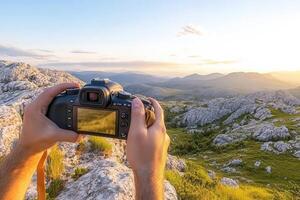 Person capturing a scenic landscape with a camera. photo